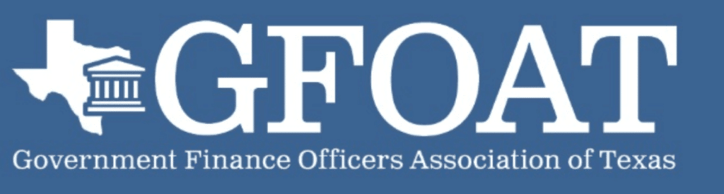 GFOAT logo with Texas outline and a government building icon, reading 'GFOAT' and 'Government Finance Officers Association of Texas' on a blue background.