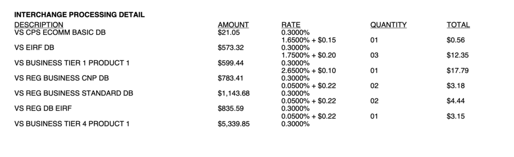 Table titled 'INTERCHANGE PROCESSING DETAIL' with line items and columns: Description, Amount, Rate, Quantity, Total (example rows include VS CPS ECOMM BASIC DB, VS EIRF DB, VS BUSINESS TIER 1 PRODUCT 1).