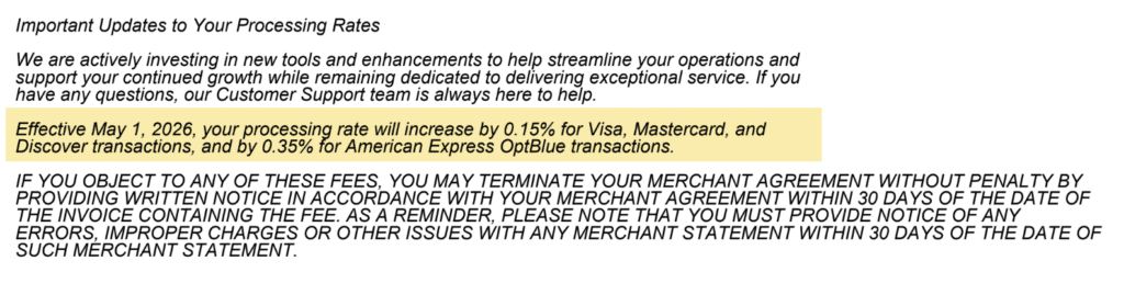 Notice about processing rate increases: effective May 1, 2026, +0.15% for Visa/Mastercard/Discover and +0.35% for American Express OptBlue, followed by a bold merchant-fee disclaimer.