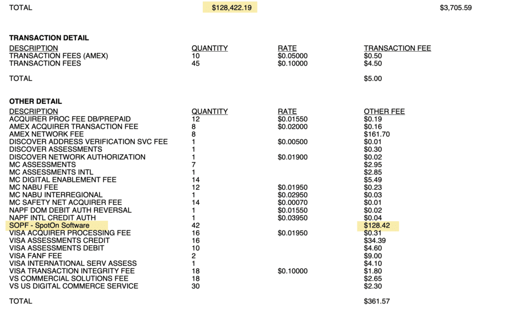 Invoice-style transaction detail with itemized descriptions, quantities, rates, and fees; top total $128,422.19, bottom total $361.57.
