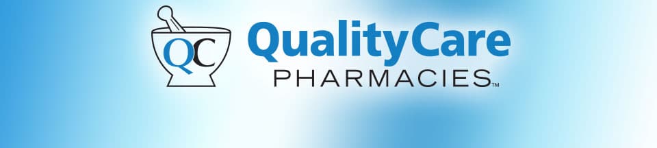 QualityCare Pharmacies logo featuring a mortar and pestle with 'QC' initials on a blue gradient background attire for branding image