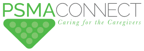 PSMA CONNECT logo with a green triangular dot-pattern icon and the tagline 'Caring for the Caregivers'.