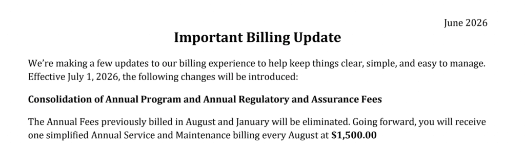 Document titled Important Billing Update (June 2026) describing consolidation of annual program and regulatory fees and a new $1,500.00 annual charge for service and maintenance.