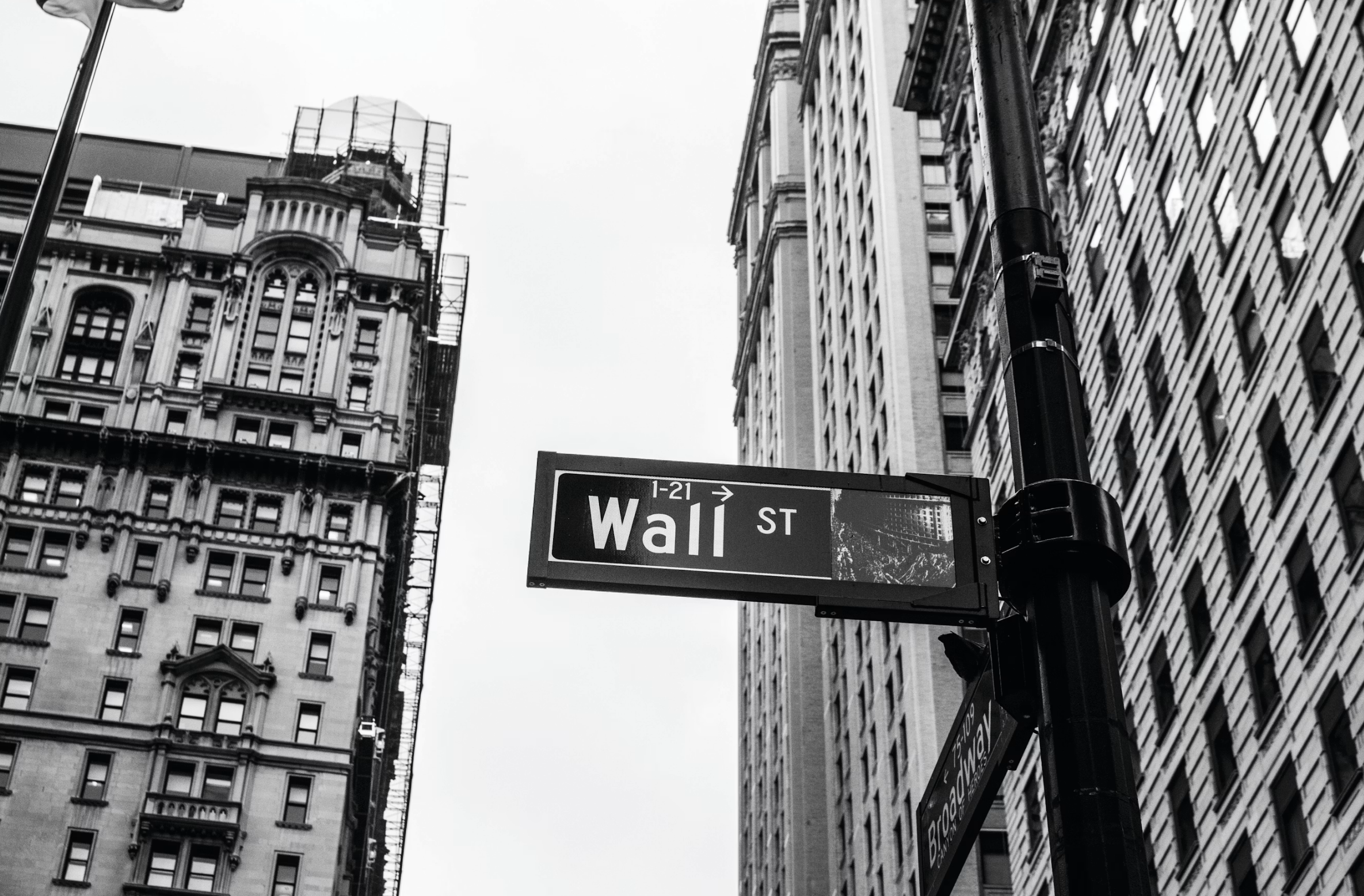 Wall Street street sign in foreground with tall urban buildings in black-and-white background, city scene implied.