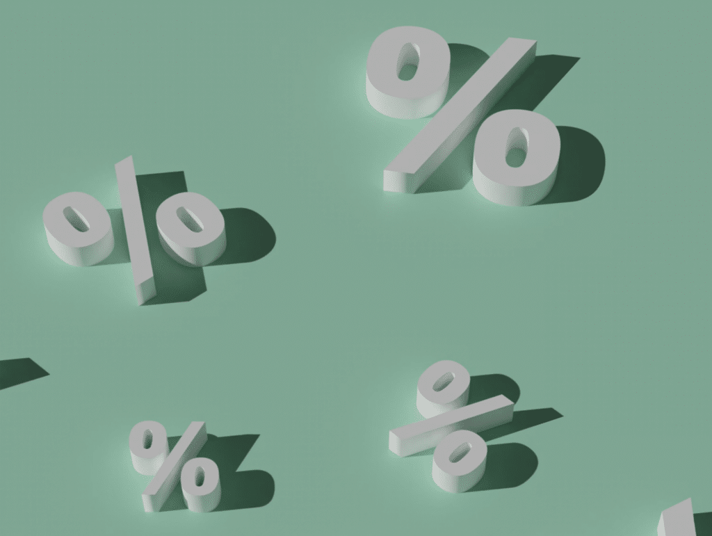 Abstract pattern of white 3D percent symbols floating on a mint green background.