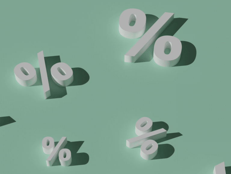 Abstract pattern of white 3D percent symbols floating on a mint green background.