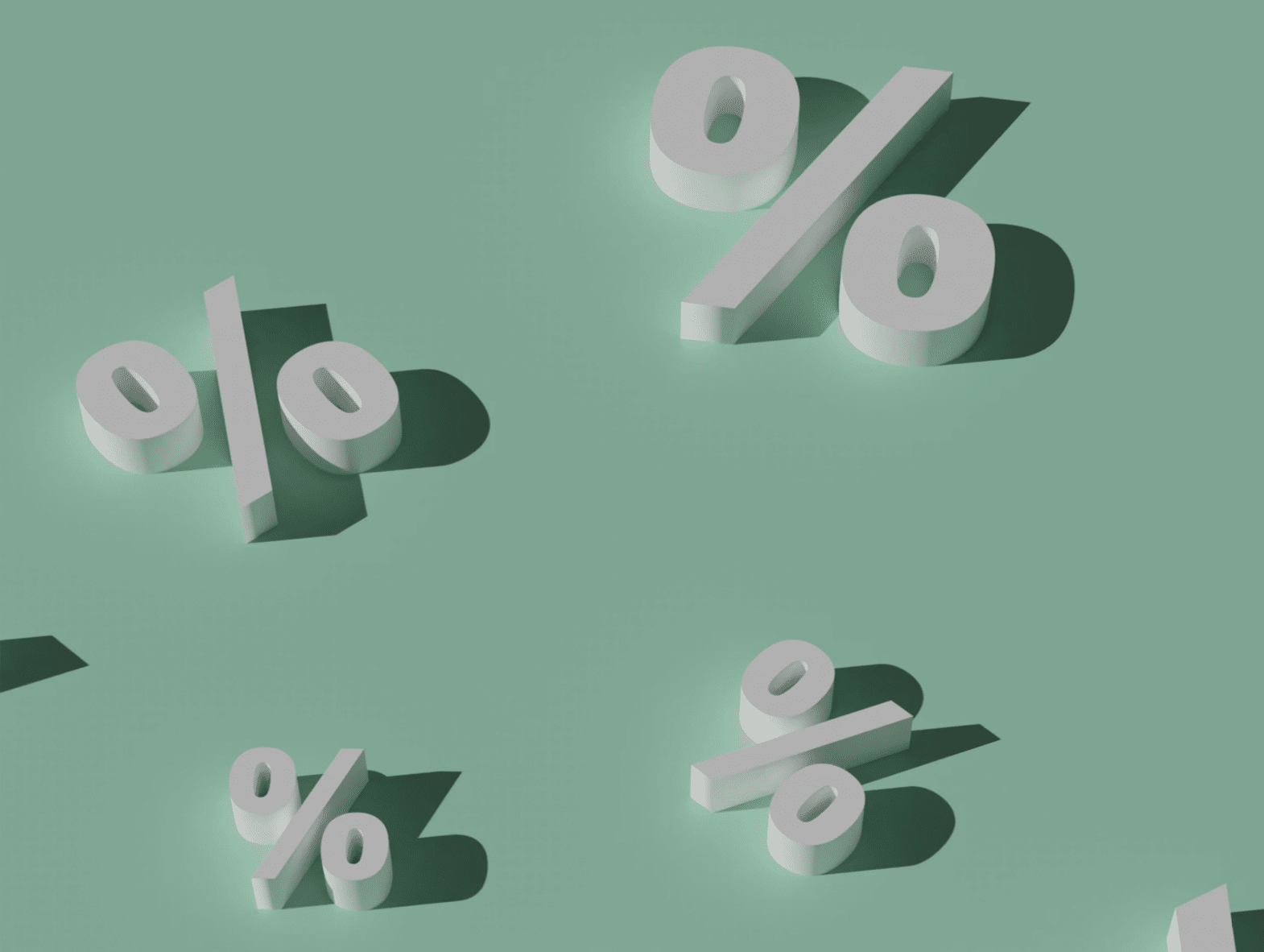 Abstract pattern of white 3D percent symbols floating on a mint green background.