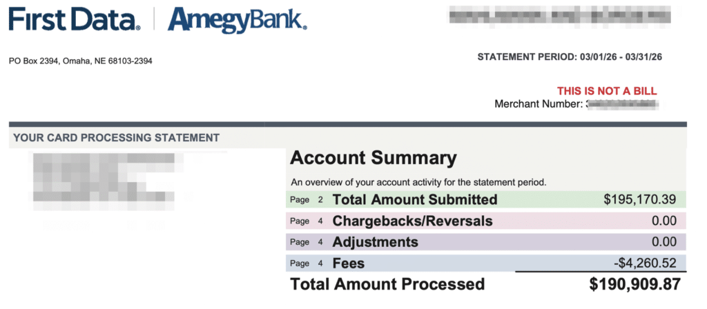 Card processing statement header from First Data/Amegy Bank showing an Account Summary with totals ($190,909.87).