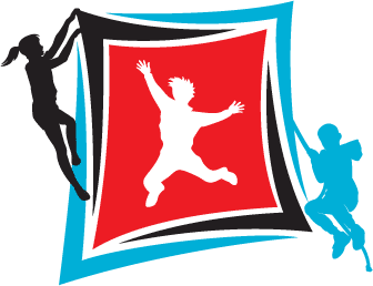 Silhouettes of three kids climbing and jumping around a bright, multi-layered square frame with a red center panel.