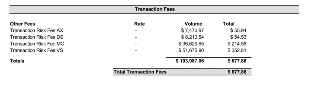 Table labeled Transaction Fees showing four 'Other Fees' rows with Volume and Total amounts; row totals are $55.94, $54.53, $214.58, and $352.81, summing to $677.86.