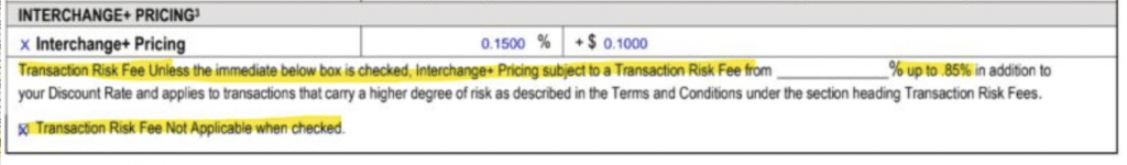 Interchange+ Pricing section describing a Transaction Risk Fee with a checkbox for not applying the fee and a note about a risk fee percentage up to 85%.